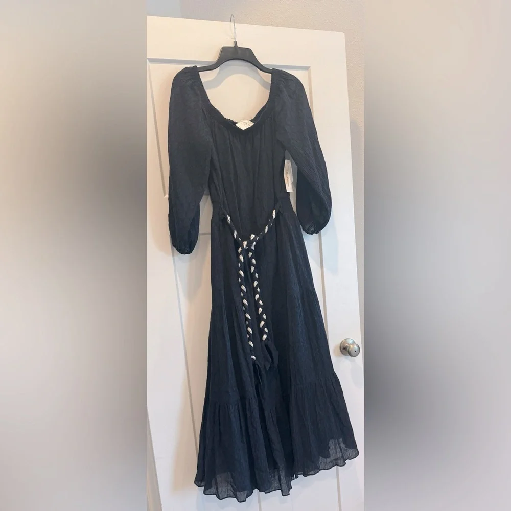 Navy Off-the-Shoulder Maxi Dress w/ Sleeves - Picture 1 of 11